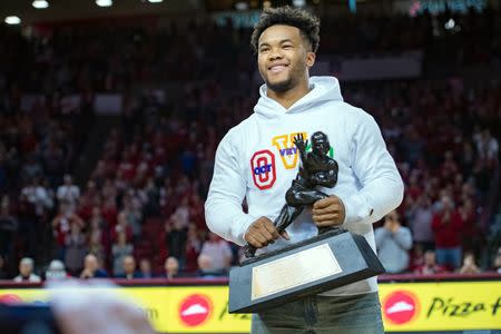 FILE PHOTO - Feb 23, 2019; Norman, OK, USA; Oklahoma Sooners former player Kyler Murray is recognized during a time out in the game Texas Longhorns at Lloyd Noble Center. Mandatory Credit: Rob Ferguson-USA TODAY Sports