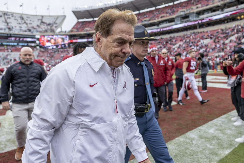 Alabama head coach Nick Saban departs the field after a 34-0 win over Austin Peay at an NCAA college football game, Saturday, Nov. 19, 2022, in Tuscaloosa, Ala. (AP Photo/Vasha Hunt)