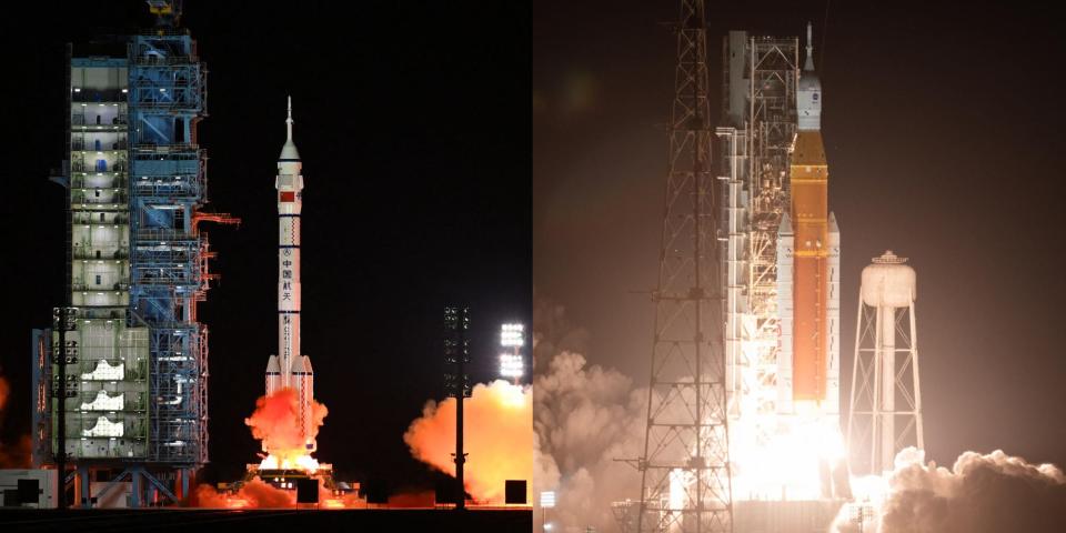 two rocket launches at night split image with Long March-2F on the left and nasa space launch system on the right