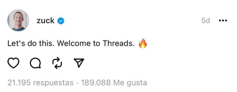 Primera publicación de Mark Zuckerberg en Threads