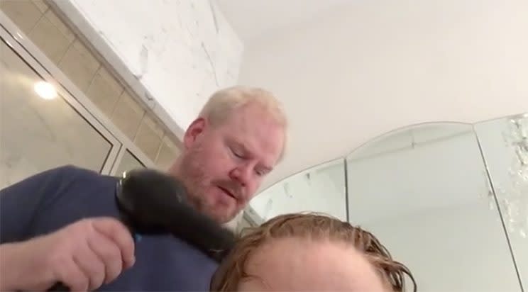 Watch Jim Gaffigan blow dry his wife’s hair after her brain surgery