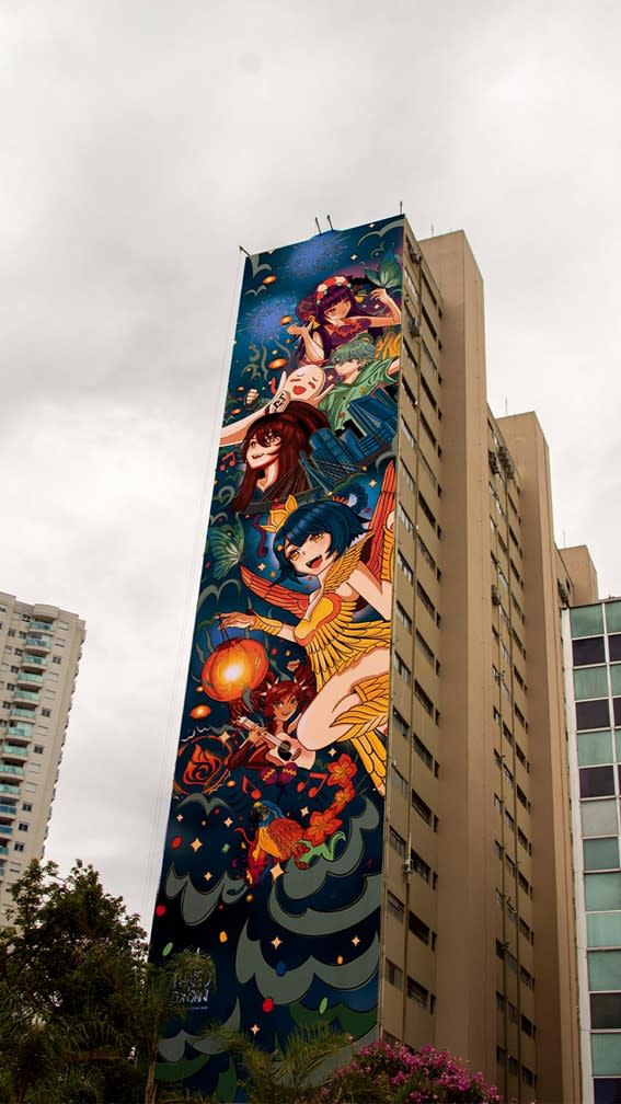 Mural de Pkllipe e Thaigo Consani inspirado no game Genshin Impact na regi&#xe3;o da rua Augusta, em S&#xe3;o Paulo (fotos: Andrey Akira Berlino e Dayane Correa de Mello)