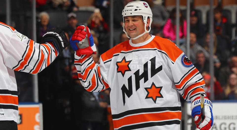 TORONTO, ON - NOVEMBER 13: Eric Lindros #88 and Dale Hawerchuk #10 leave the ice following the 2016 Hockey Hall of Fame Legends Classic game at the Air Canada Centre on November 13, 2016 in Toronto, Canada. (Photo by Bruce Bennett/Getty Images) 