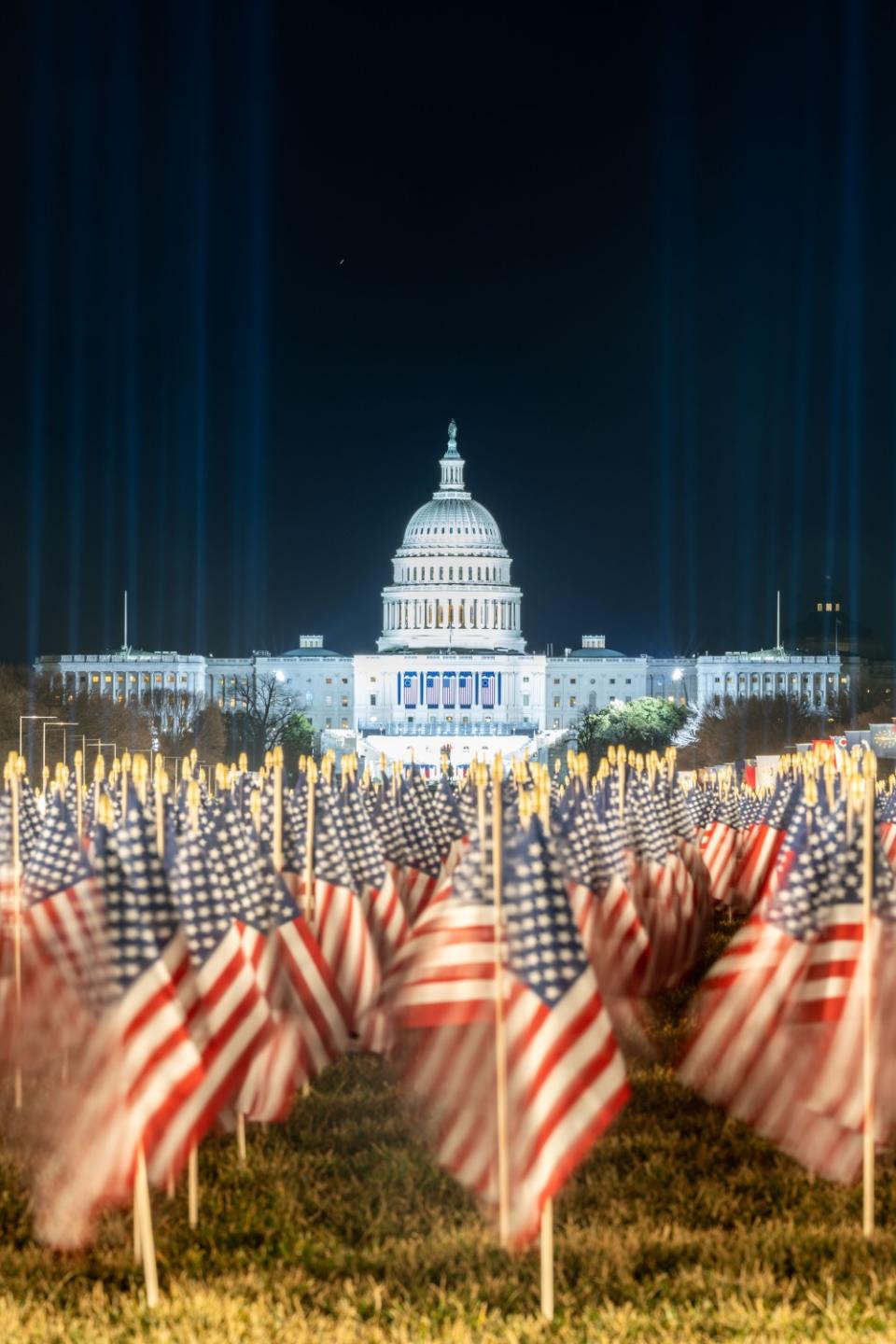 The National Mall decorated with U.S. flags