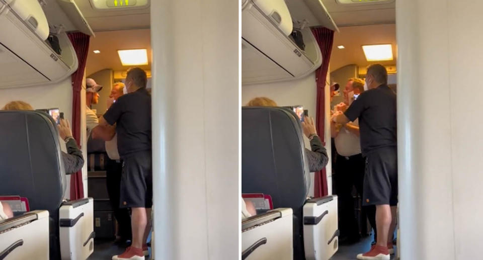 Two photos of the passenger getting physical with the pilot on the Townsville to Sydney flight.