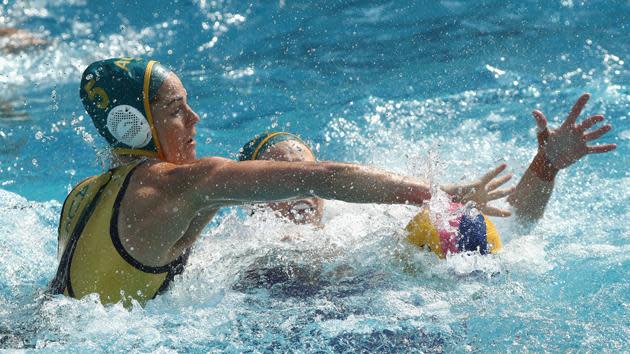 Keesja Gofers competes for the ball in Australia's victory over Russia.