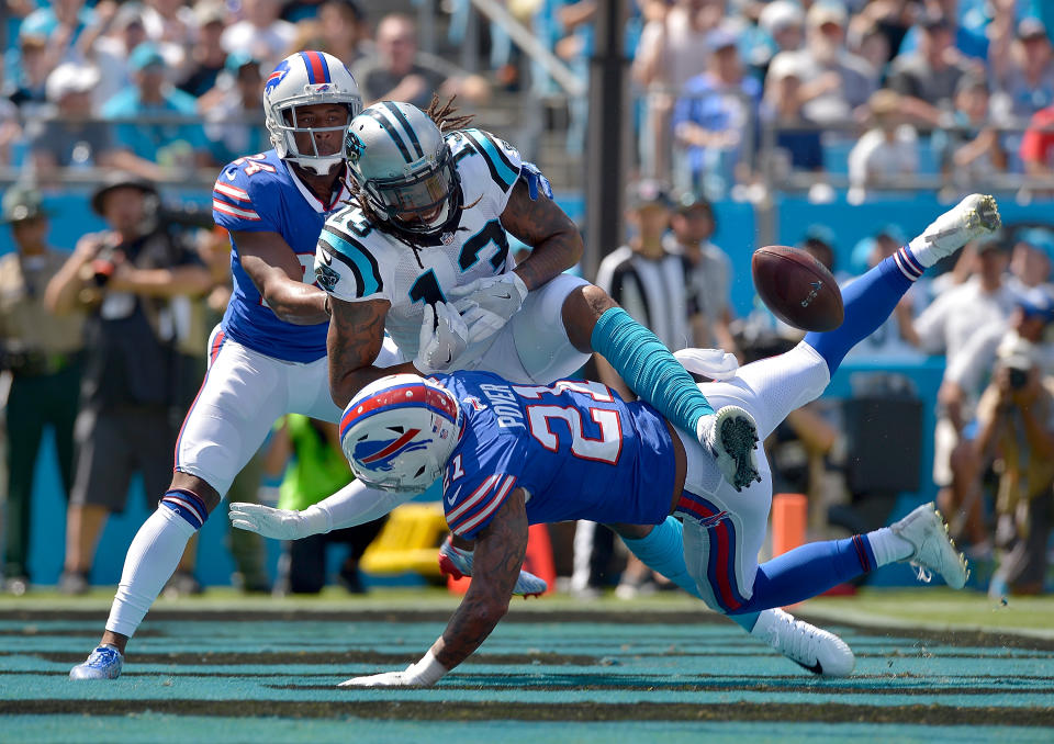 <p>Jordan Poyer #21 of the Buffalo Bills breaks up a pass intended for Kelvin Benjamin #13 of the Carolina Panthers during their game at Bank of America Stadium on September 17, 2017 in Charlotte, North Carolina. (Photo by Grant Halverson/Getty Images) </p>