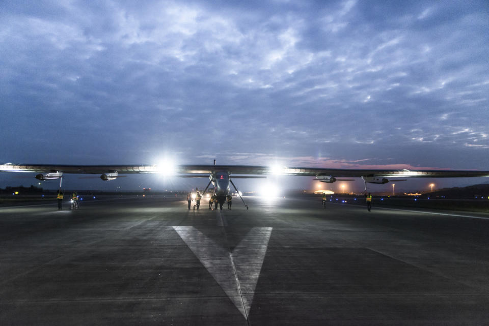 <p>The aircraft waits to take off from Chongqing Jiangbei International Airport, China, heading for Nanjing, China. (Solar Impulse/Revillard/Rezo.ch)</p>