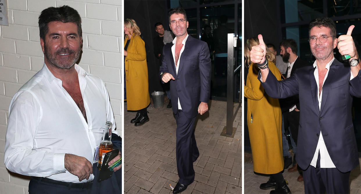Simon Cowell, pictured here in 2016, left, and in present day, centre and right, is believed to have lost at least 20lbs (1.4 stone) in weight since 2017. [Photo: Getty] 
