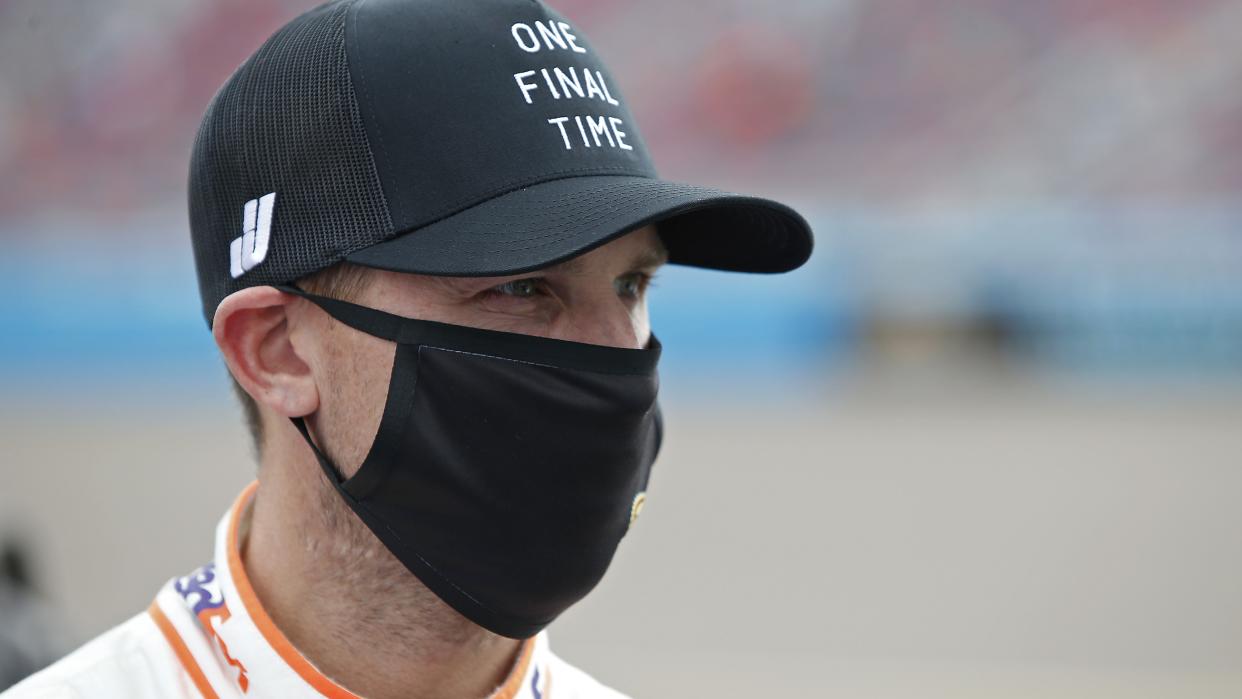 Mandatory Credit: Photo by Ralph Freso/AP/Shutterstock (11008383ah)Denny Hamlin looks on from pit road prior to the NASCAR Cup Series auto race at Phoenix Raceway, in Avondale, ArizNASCAR Phoenix Auto Racing, Avondale, United States - 08 Nov 2020.