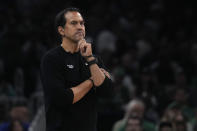 Miami Heat head coach Erik Spoelstra watches his players during the first half of Game 5 of an NBA basketball first-round playoff series against the Boston Celtics, Wednesday, May 1, 2024, in Boston. (AP Photo/Charles Krupa)