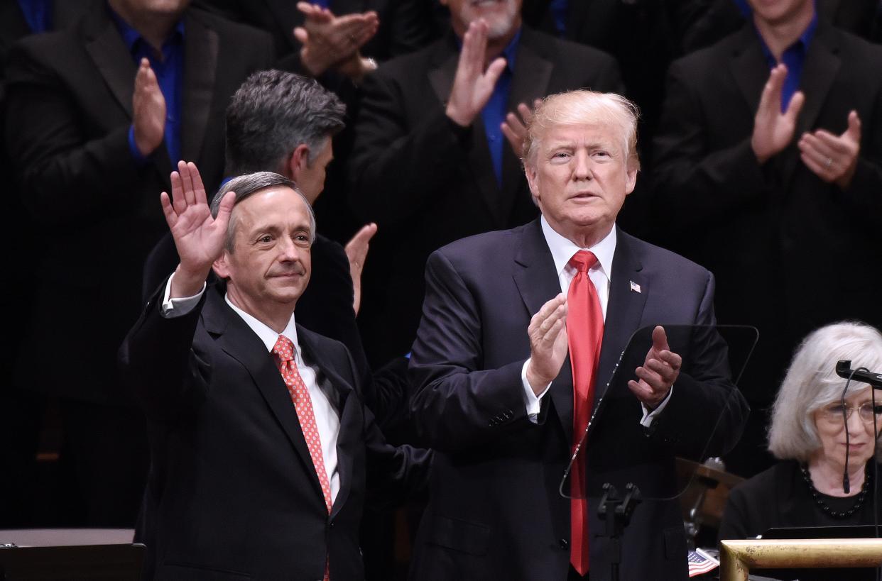 At left, Pastor Robert Jeffress, senior pastor of First Baptist Church in Dallas, with former President Donald Trump at the Celebrate Freedom Rally at the John F. Kennedy Center for the Performing Arts in Washington, D.C., in 2017.