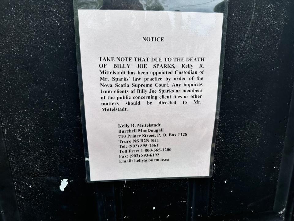 A notice on the door of Halifax lawyer Billy Sparks' home is shown on June 12, 2024.