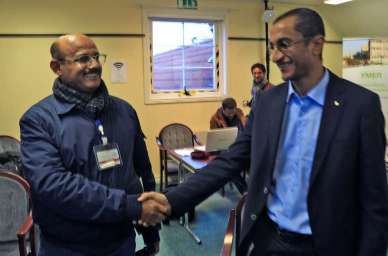 Huthi representative Salim al-Moughaless (R) and Yemeni government representative Ahmed Ghaleb at talks in Sweden where the two sides have exchanged some 15,000 names for a prisoner swap