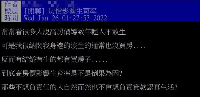 網友在PTT詢問，是否高房價是影響生育率不佳的主因，還是找藉口。（圖／翻攝自PTT）