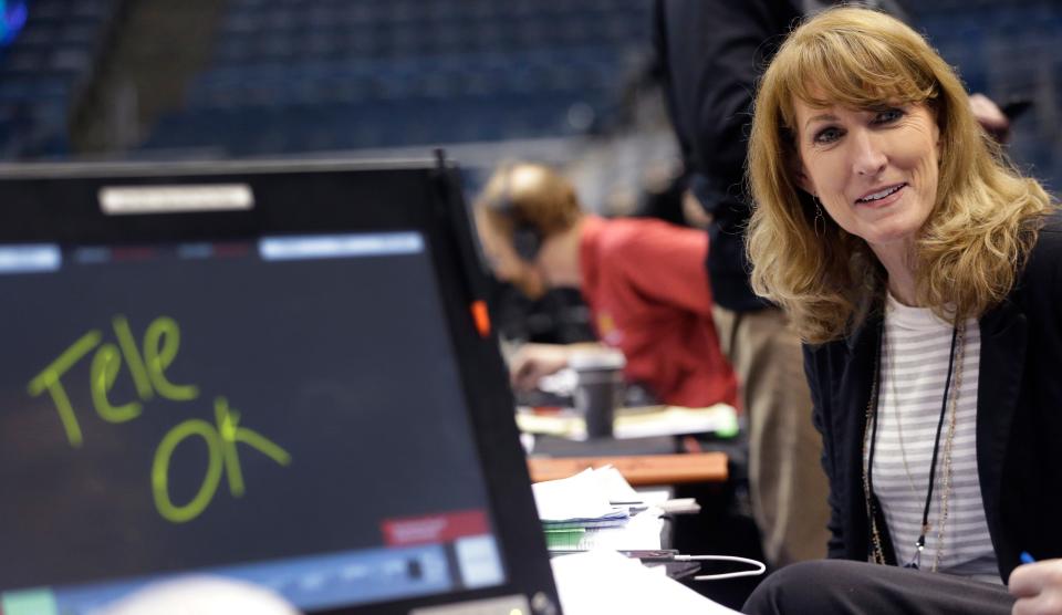 Mar 15, 2017; Milwaukee, WI, USA; CBS color commentator Debbie Antonelli is shown during practice for the first round of the NCAA Men's Basketball Championship at the BMO Harris Bradley Center. She will be the first woman in that job at the NCAA tournament in 21 years. Mandatory Credit: Mark Hoffman/Milwaukee Journal Sentinel via USA TODAY NETWORK