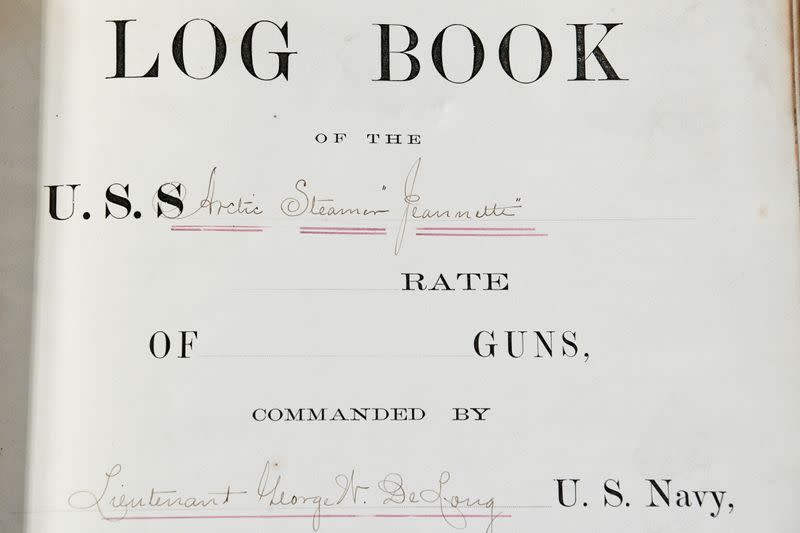 The title page of Volume 1 of the USS Jeannette logbooks is pictured at the National Archives building in Washington