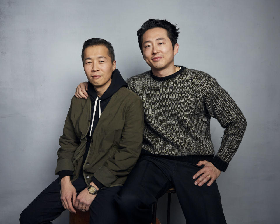 FILE- Director Lee Isaac Chung, left, and Steven Yeun pose for a portrait to promote the film "Minari" during the Sundance Film Festival in Park City, Utah on Jan. 27, 2020. (Photo by Taylor Jewell/Invision/AP, File)