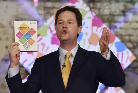 Liberal Democrat party leader Nick Clegg unveils his party's manifesto in central London April 15, 2015. REUTERS/Toby Melville