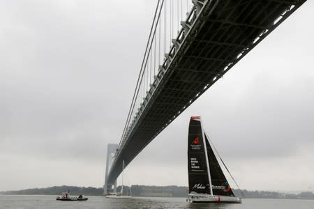 The Malizia II racing yacht carrying Swedish 16-year-old activist Greta Thunberg sails underneath the Verrazano-Narrows Bridge in New York Harbor