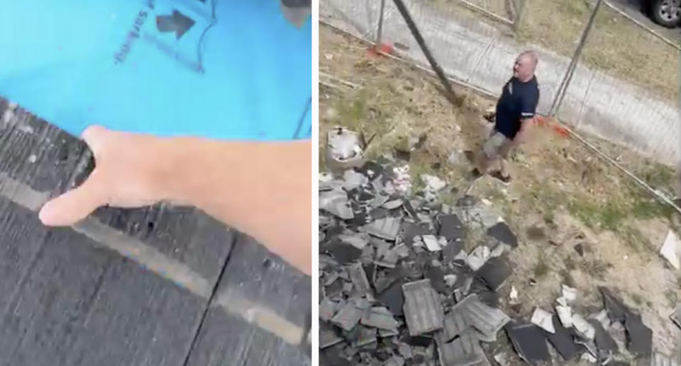 Simon McPherson's hand on a tile on the roof (left) and Mr Padoin outside the property. 