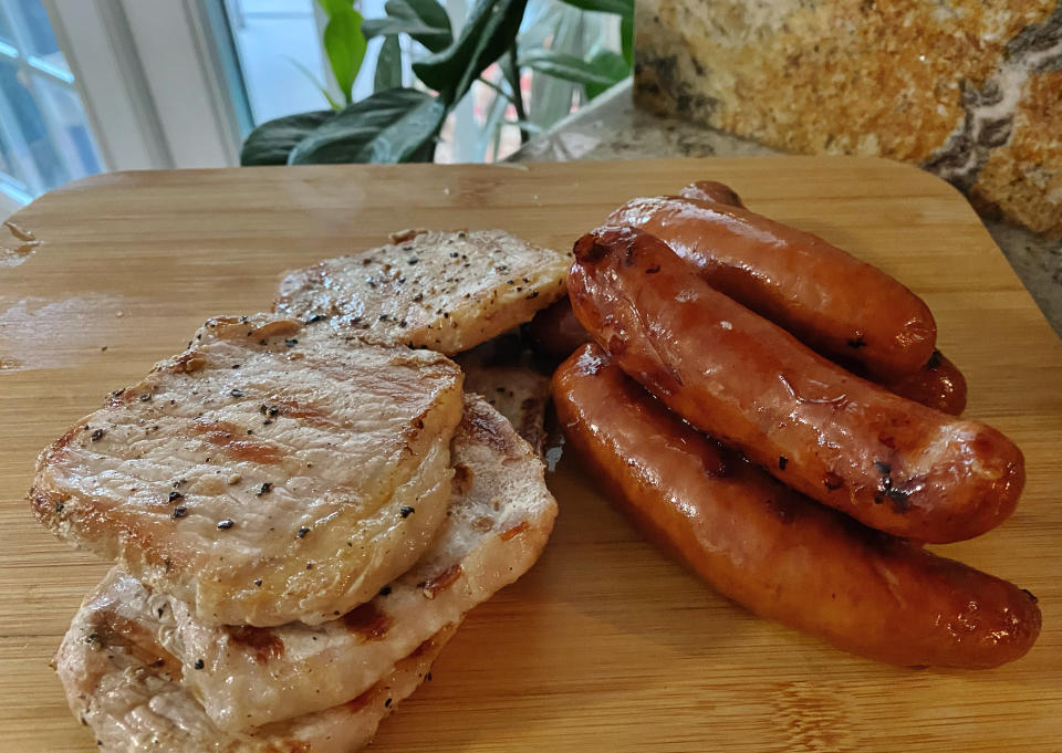 Ronto Wraps are all about the meat. Grilled pork chops and pork sausage are part of the at-home recipe. (Terri Peters)