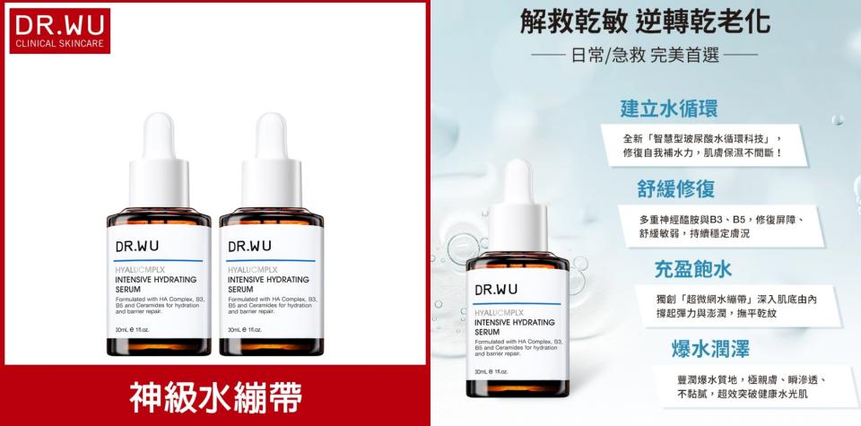 DR.WU618特價��(買一送一)DR.WU 玻尿酸保濕精華液30mL。獨家第六代「智慧型玻尿酸水循環科技」完美結合5重玻尿酸，搭配多重神經醯胺與B3、B5，達到超越保濕、速修復、秒舒緩。（圖片來源/Yahoo奇摩購物中心賣場圖）