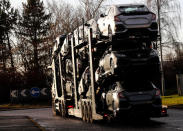 A lorry with car carrier trailer leaves the Honda car plant in Swindon, Britain, February 18, 2019. REUTERS/Eddie Keogh