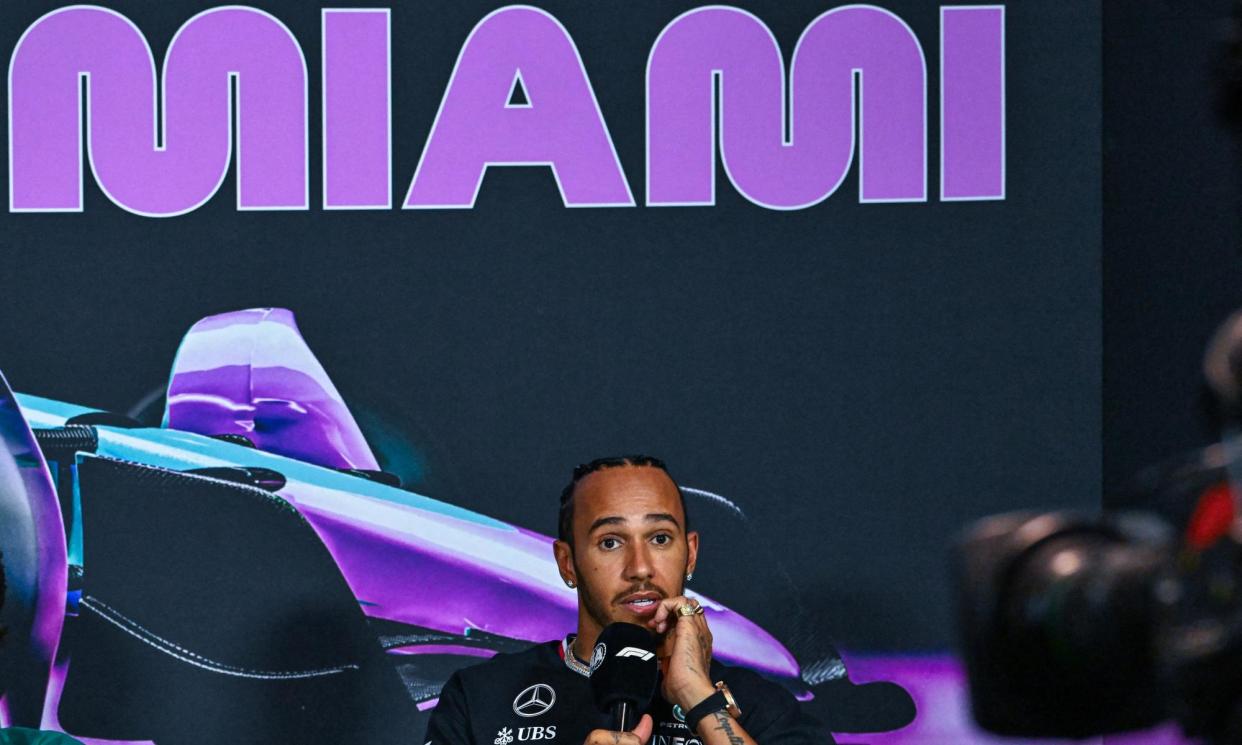 <span>Lewis Hamilton speaks in Miami before this weekend’s Miami Grand Prix.</span><span>Photograph: Giorgio Viera/AFP/Getty Images</span>