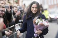 <p>Meghan shared with <em><a href="https://www.allure.com/story/meghan-markle-suits-beauty-tips" rel="nofollow noopener" target="_blank" data-ylk="slk:Allure;elm:context_link;itc:0;sec:content-canvas" class="link ">Allure</a></em> in 2017 about her makeup routine. "I don't wear foundation in real life. My routine is very simple—I call it the five-minute face. It's just Touche Éclat, curled lashes, mascara, Chap Stick, and a little bit of blush. That is my favorite kind of look. If I'm going to amp it up for night, then I use M.A.C. Teddy eyeliner, which is a really beautiful brown that has some gold in it."<br></p>