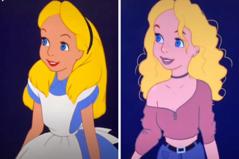 The classic Alice in wonderland side by side with Lexis' Alice, who's wearing mom jeans, a crop. top, and a choker