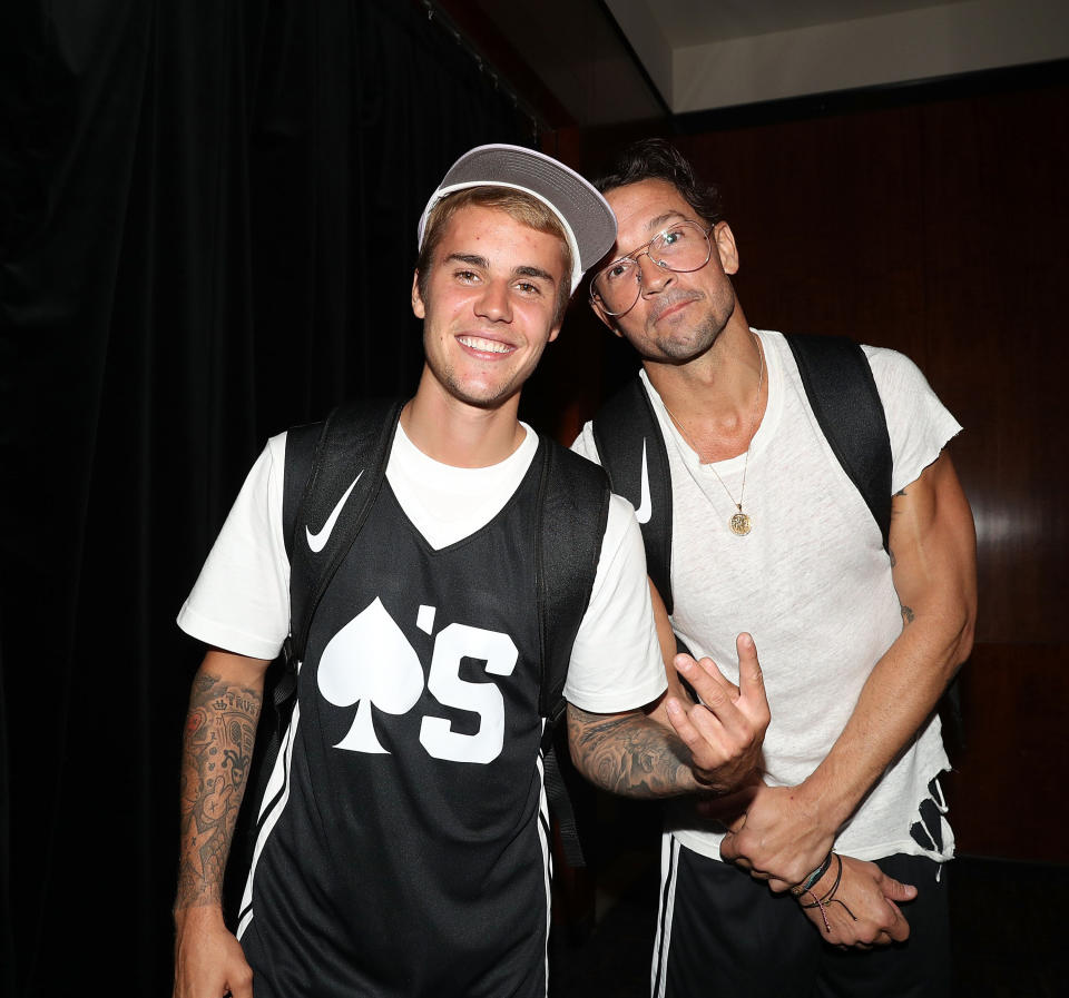 Justin Bieber, left, and Carl Lentz attend a charity basketball game at Madison Square Garden in New York City on Aug. 13, 2017. (Photo: (Photo by Shareif Ziyadat/Getty Images))