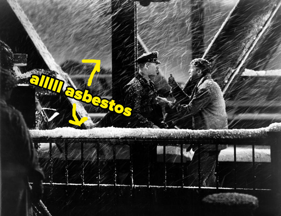 A scene from It's a Wonderful Life featuring Jimmy Stewart with asbestos in the air