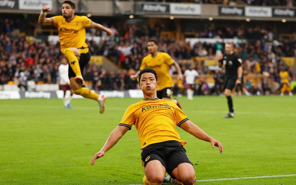 Hwang Hee-chan celebrates Wolves' second goal against Man City