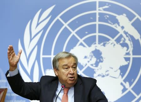 Antonio Guterres, United Nations High Commissioner for Refugees (UNHCR) addresses a news conference after the 66th Executive Committee at the United Nations European headquarter in Geneva, Switzerland October 9, 2015. REUTERS/Denis Balibouse