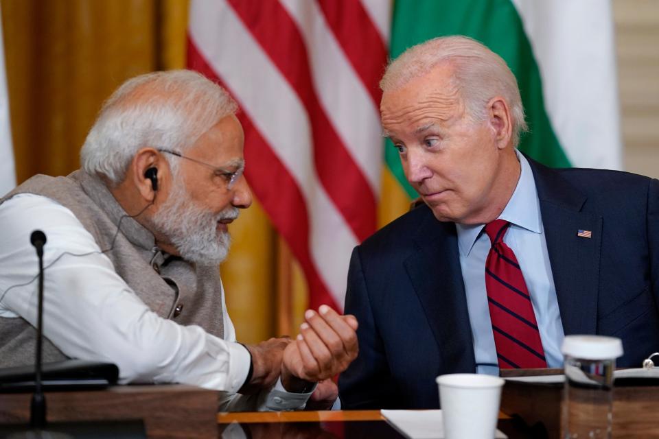 File. US president Joe Biden speaks with Narendra Modi during a meeting in the East Room of the White House, Friday, 23 June 2023, in Washington (Copyright 2023 The Associated Press. All rights reserved)