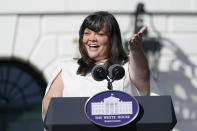 2020 National Teacher of the Year Tabatha Rosproy, a preschool teacher from Kansas, speaks during an event for the 2020 and 2021 State and National Teacher of the Year recipients on the South Lawn of the White House in Washington, Monday, Oct. 18, 2021. (AP Photo/Susan Walsh)