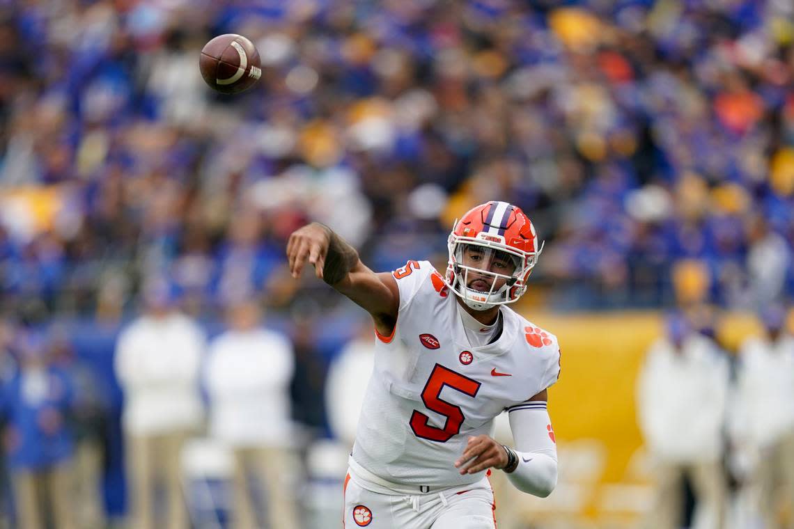 Clemson quarterback D.J. Uiagalelei (5) passes against Pittsburgh during the first half of an NCAA college football game, Saturday, Oct. 23, 2021, in Pittsburgh. (AP Photo/Keith Srakocic)