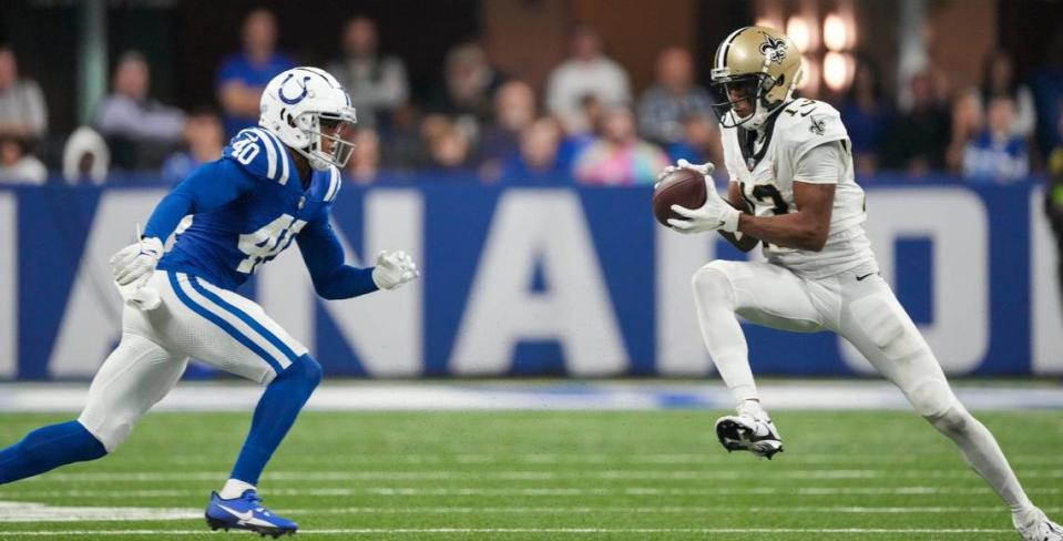 Indianapolis Colts cornerback Jaylon Jones (40) closes on New Orleans Saints wide receiver Michael Thomas (13), Sunday., Oct 29, 2023, at Lucas Oil Stadium in Indianapolis.