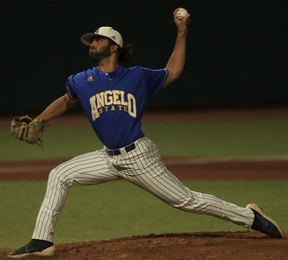 Angelo State University reliever Kyle Moseley gets ready to fire a pitch against Colorado Mesa during Game 1 of an NCAA D-II South Central Super Regional at Foster Field at 1st Community Credit Union Stadium on Friday, May  27, 2022.