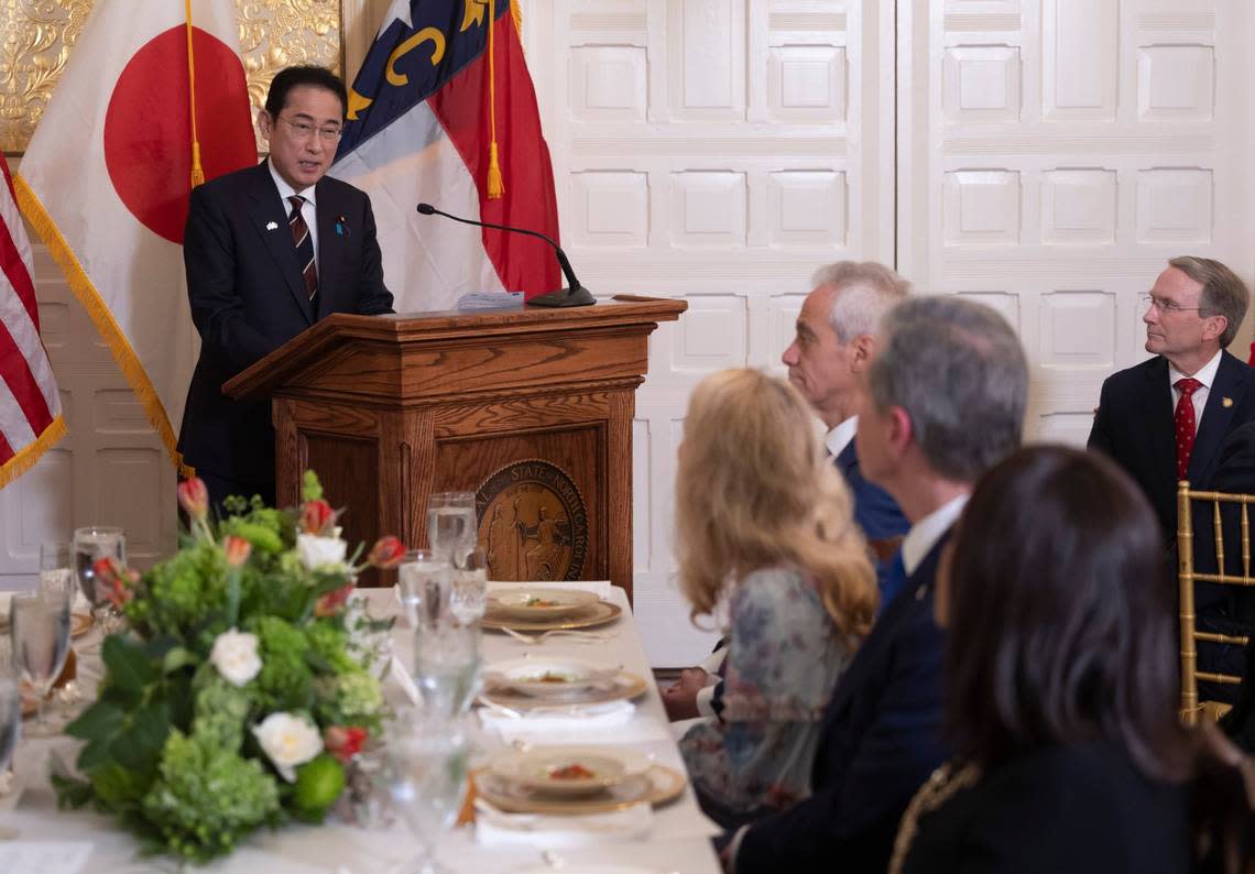 Japanese Prime Minister Fumio Kishida addresses a luncheon in his honor on Friday, April 12, 2024 at the Executive Mansion in Raleigh, N.C.