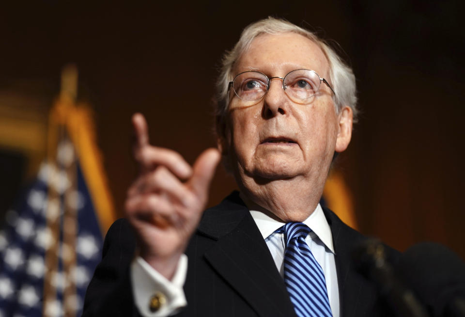 Senate Majority Leader Mitch McConnell of Kentucky, speaks to the media after the Republican's weekly Senate luncheon, Tuesday, Dec. 8, 2020 at the Capitol in Washington. (Kevin Dietsch/Pool via AP)