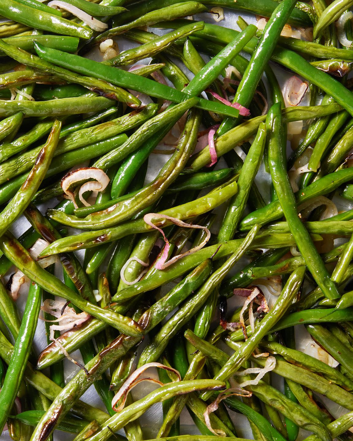 fresh green beans tossed with olive oil and shallots, then roasted until tender and lightly blistered