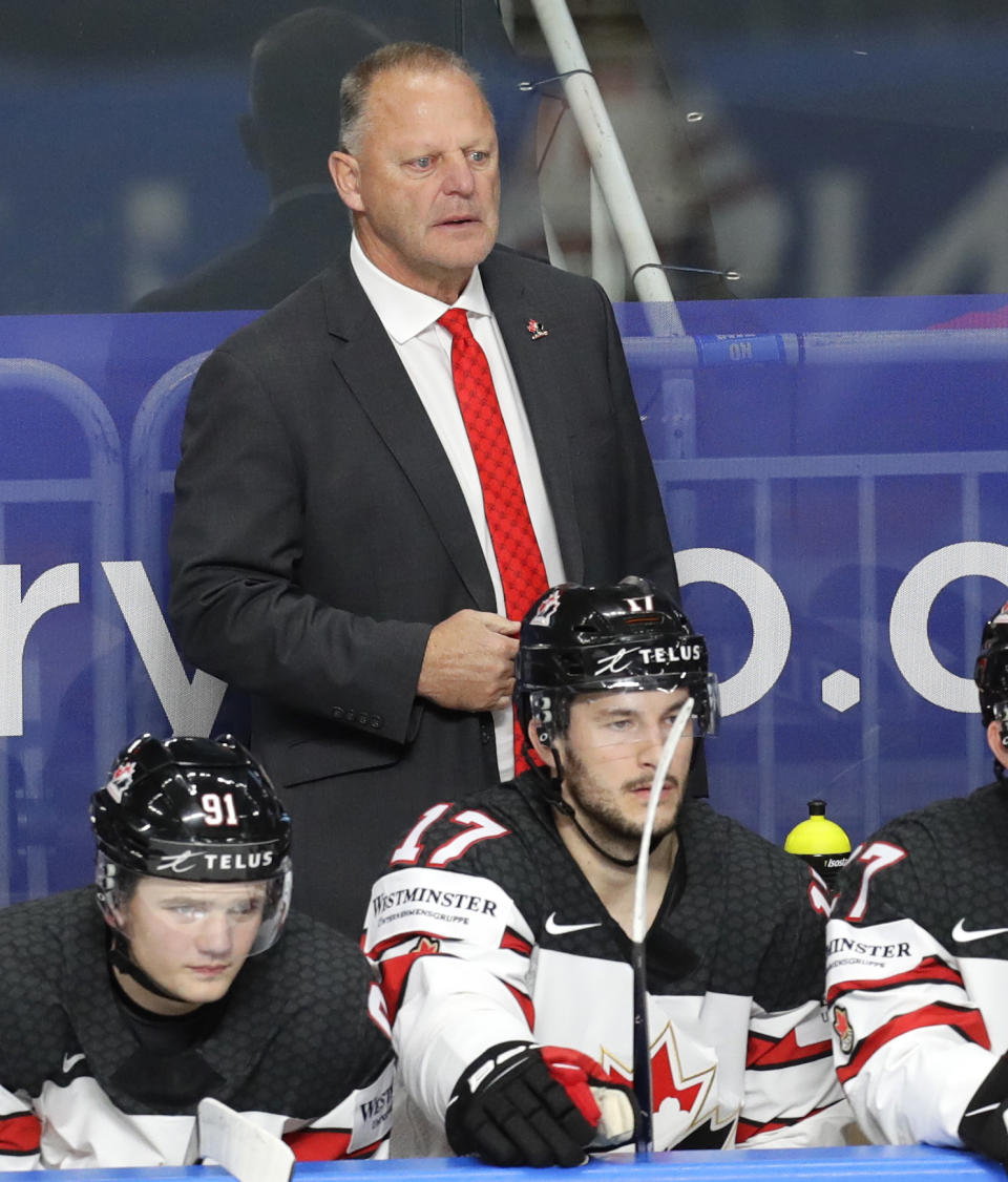 Canada's head coach Gerard Gallant during the Ice Hockey World Championship final match between Finland and Canada at the Arena in Riga, Latvia, Sunday, June 6, 2021. (AP Photo/Sergei Grits)