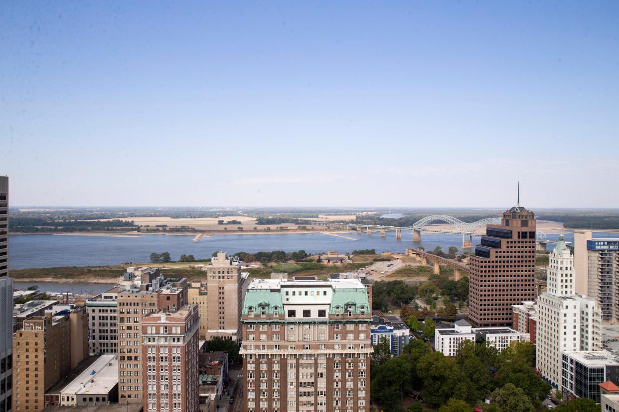 The Mississippi River, Hernando de Soto Bridge and the Memphis skyline are seen from the roof of the Sterick Building during a tour of the building in Downtown Memphis, on Thursday, October 19, 2023.