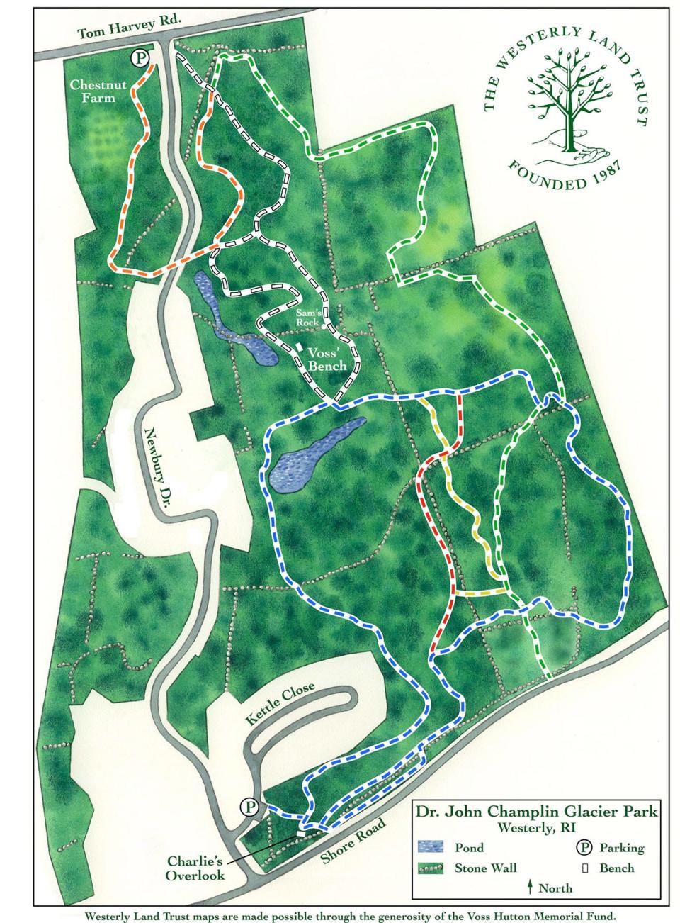 A trail map of Dr. John Champlin Glacier Park in Westerly