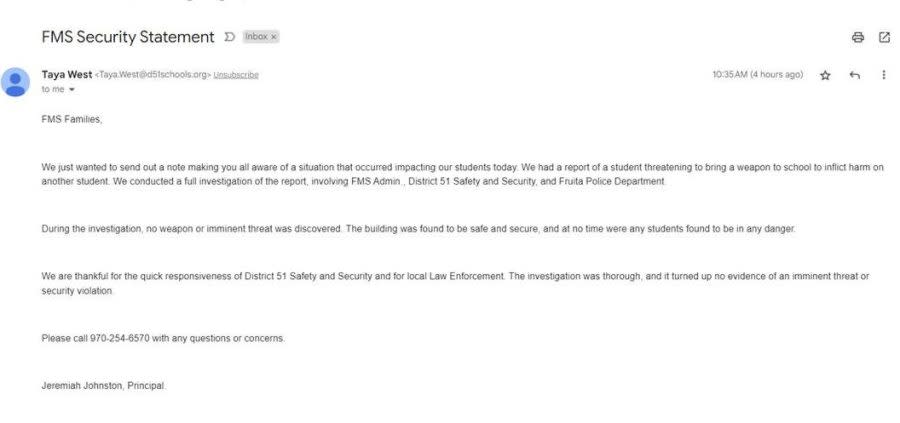 Screenshot of the alert sent to parents from D51 officials on Thursday