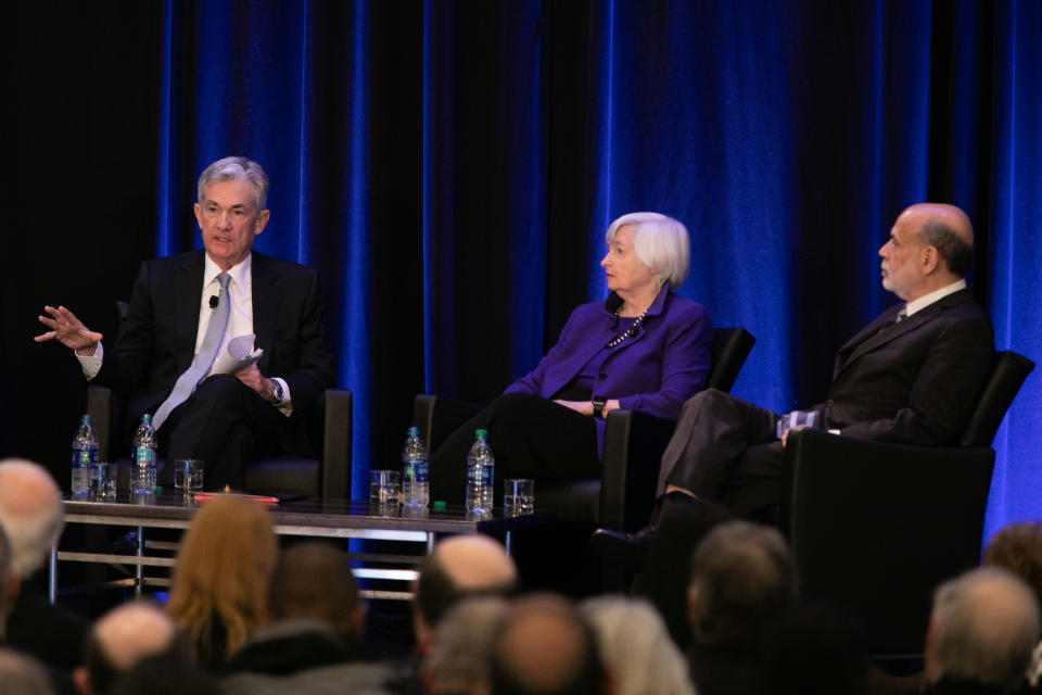 ATLANTA, GA - JANUARY 04: (L-R) Federal Reserve Chair Jerome Powell and former Chairs of the Federal Reserve Janet Yellen and Ben Bernanke participate in a panel discussion at the American Economic Association conference on January 4, 2019 in Atlanta, Georgia. Following a strong December jobs report, the Dow Jones Industrial Average rose 350 points at the open on Friday morning. In a television interview on Friday morning, National Economic Council Director Larry Kudlow said he believes there is 'no recession in sight.'  (Photo by Jessica McGowan/Getty Images)