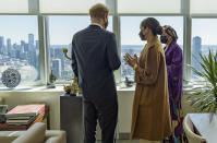 In this photo provided by the United Nations, U.S. Deputy Secretary-General Amina Mohammed, right, Meghan Markle, center, and Prince Harry meet during a visit to U.N. headquarters during the the 76th session of the United Nations General Assembly on Saturday, Sept. 25, 2021. (Manuel Elías/U.N. via AP)