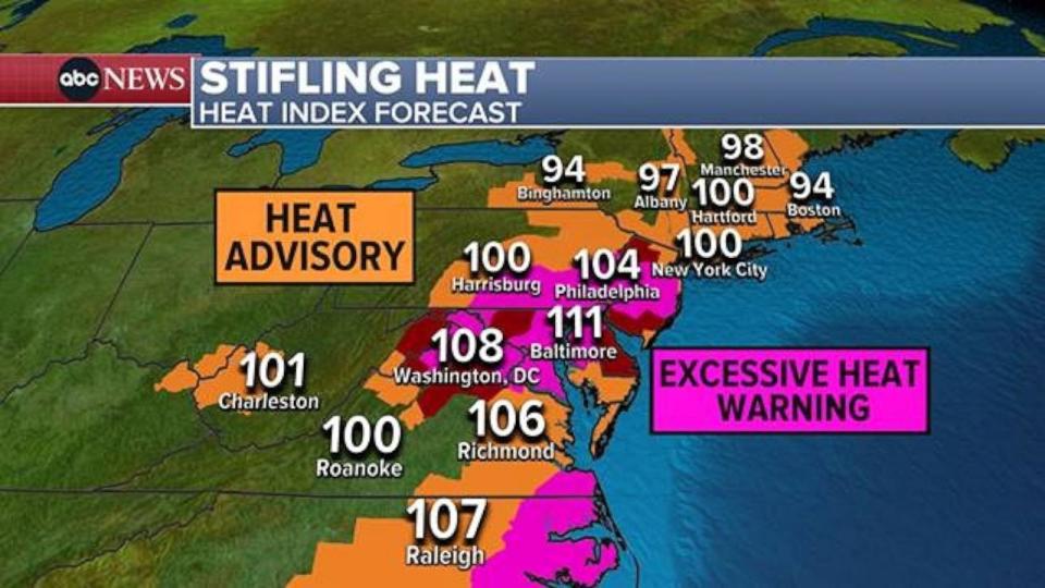 PHOTO: Excessive heat warnings and advisories are in place across the Northeast on Monday, July 15, 2024. (ABC News)